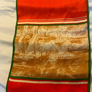 Vintage Orange, Green & White Striped Long Scarf with Brown Ship Sailing Print